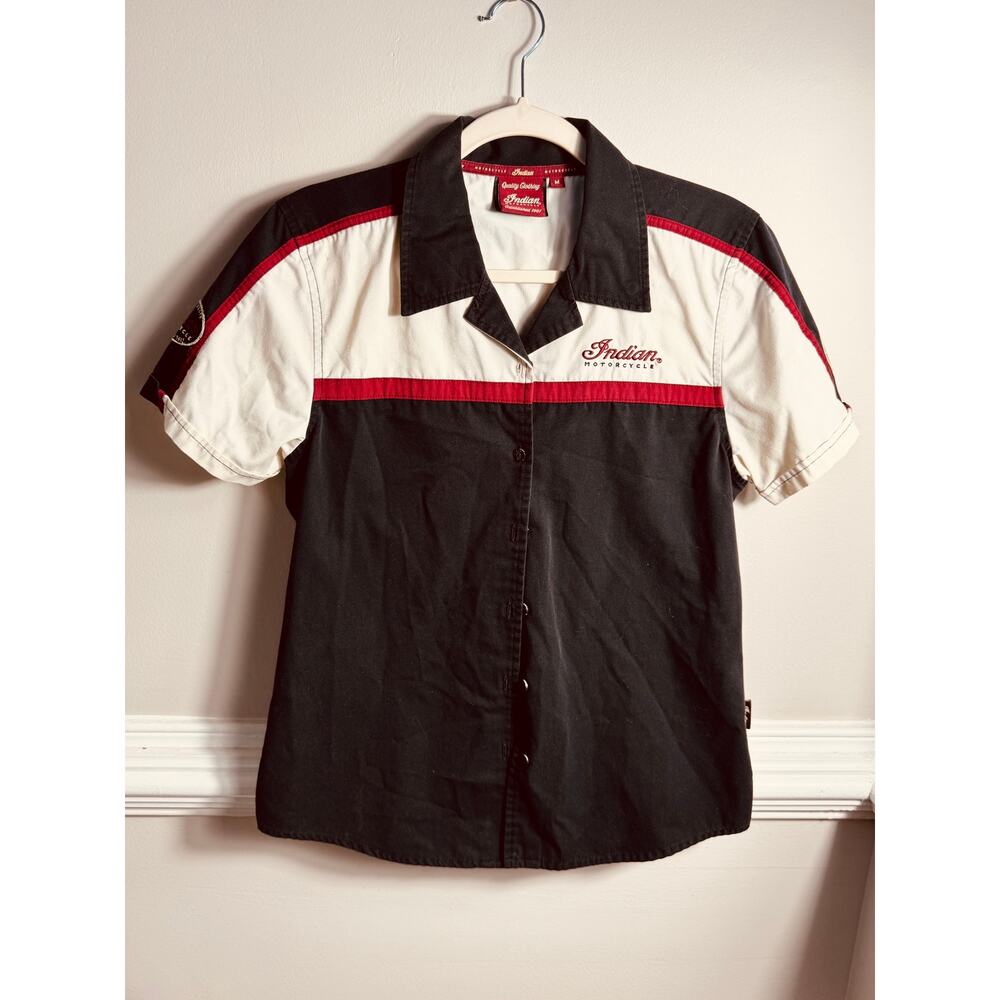 Indian Motorcycle Women’s Medium Button Up Garage Shop Shirt Black Red Biker